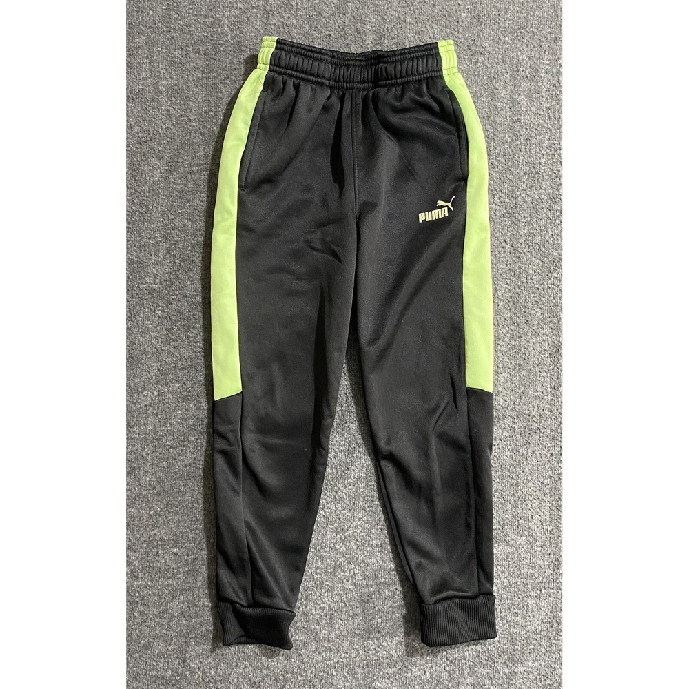 PUMA Boys Black Lime Green Stripe Fleece Joggers Pants Size 7 Pockets
